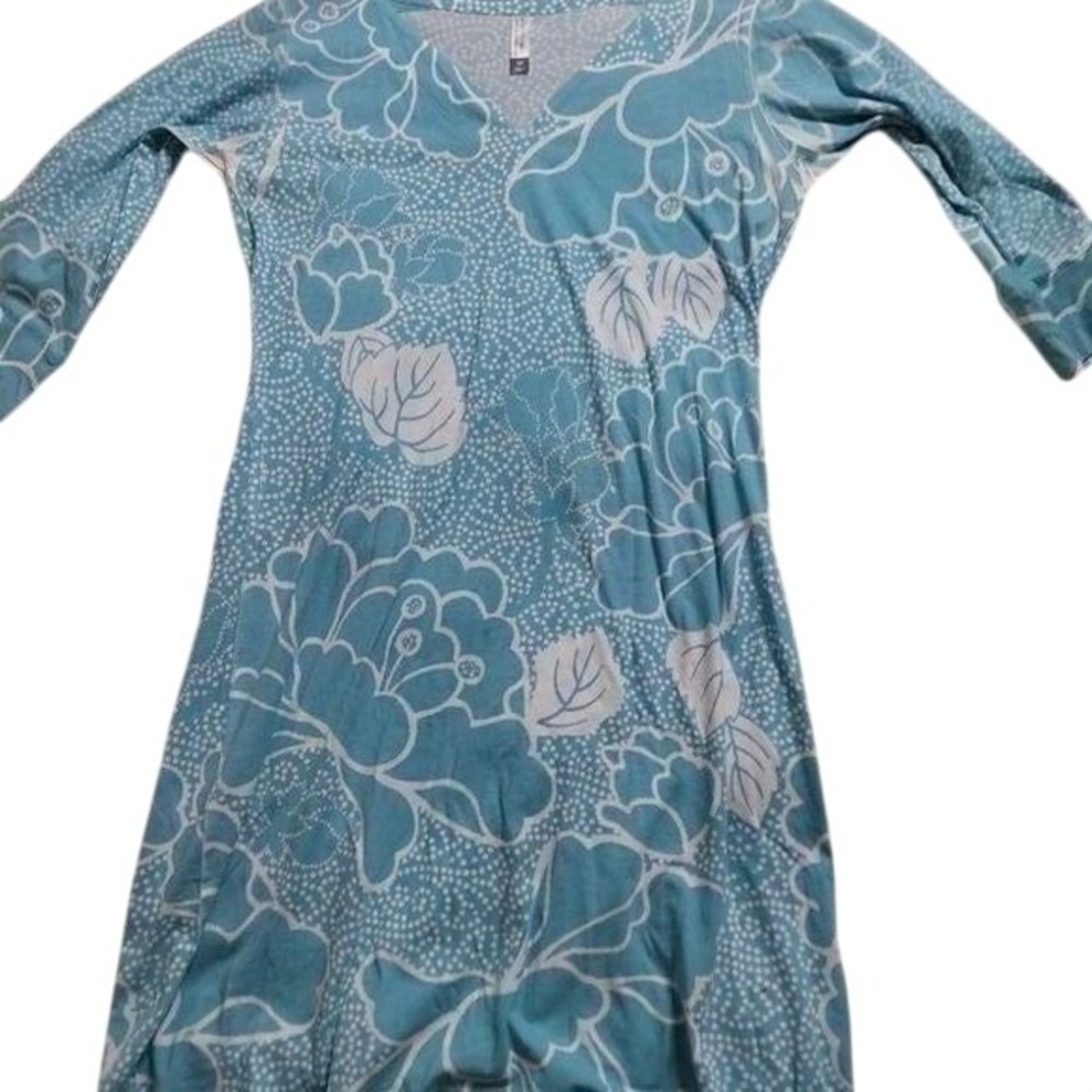Whimsy Rose Womens Blue White Floral V-Neck 3/4 Sleeve Tunic Dress Size M